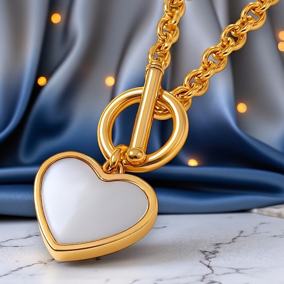 18K Gold Plated Heart Jewelry Set 💖Dainty Earrings & Necklace w/ Shell Inlay - Picture 4 of 11